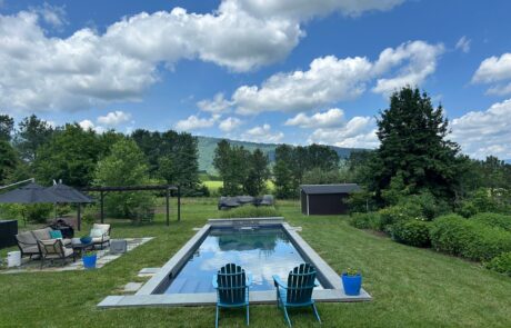 the pool and patio with 180-degree mountain views at Sunset Farm Stay vacation rental in Crozet VA