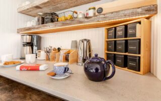 Coffee and tea station in the Kitchen at Sunset Farm Stay vacation rental in Crozet Virginia.