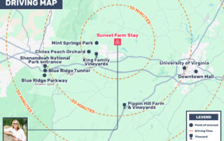 map showing driving distances from Sunset Farm Stay vacation rental to area attractions